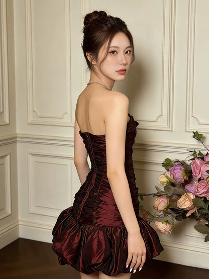 Vintage Sheath Strapless Burgundy Satin Short Mini Party Dress Cocktail Homecoming Dresses N4269