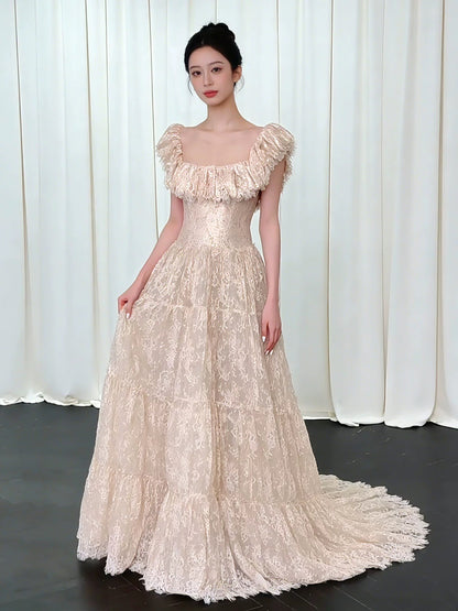 Stunning A line Square Neck Champagne Lace Long Prom Dresses For Women N4270