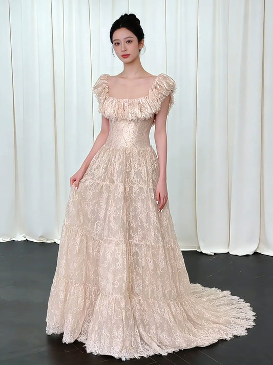 Stunning A line Square Neck Champagne Lace Long Prom Dresses For Women N4270