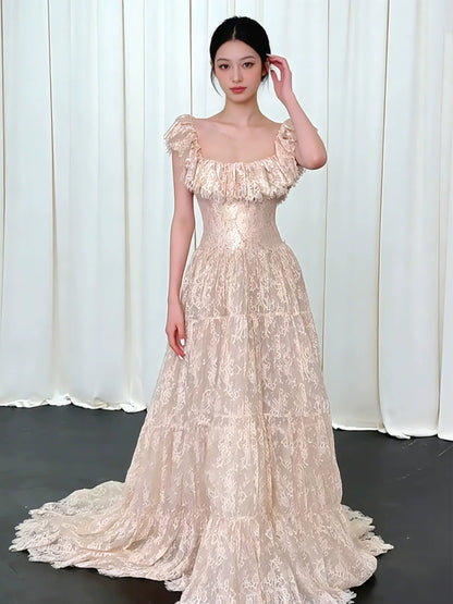 Stunning A line Square Neck Champagne Lace Long Prom Dresses For Women N4270