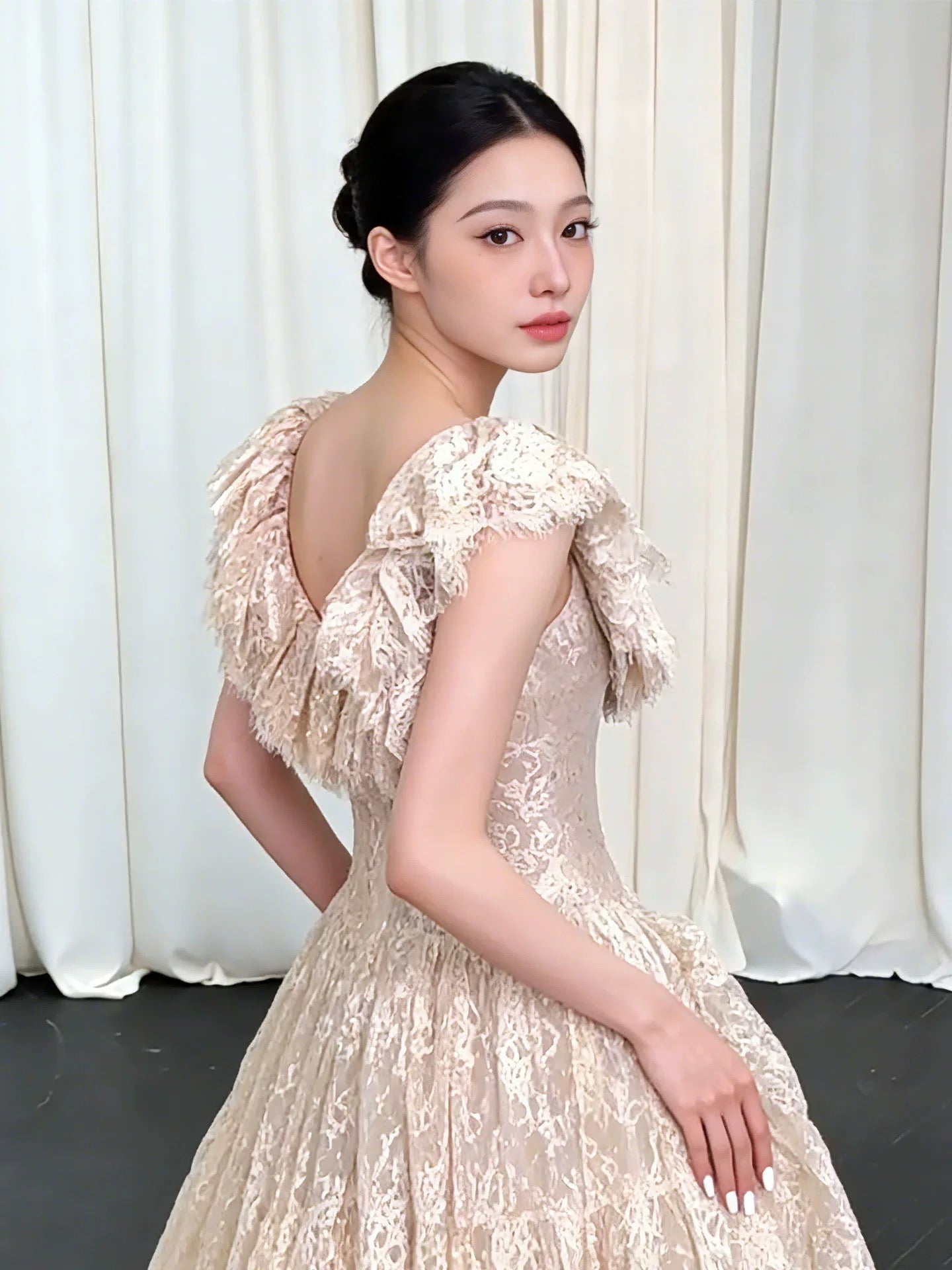Stunning A line Square Neck Champagne Lace Long Prom Dresses For Women N4270