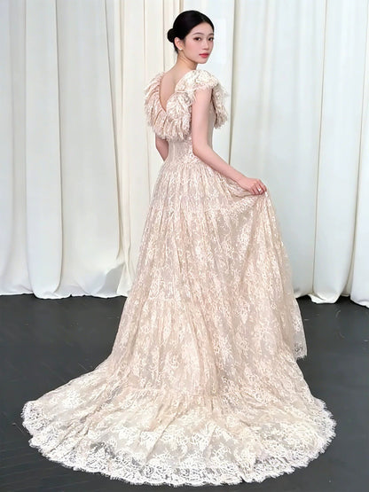 Stunning A line Square Neck Champagne Lace Long Prom Dresses For Women N4270