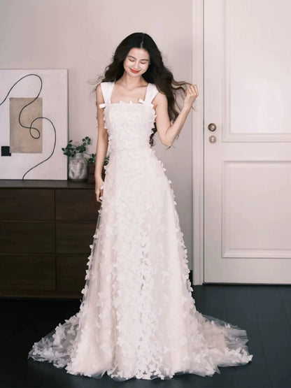 Romantic Wedding Dresses Ball Gowns Square Neck White Flowers Summer Wedding Dress N4273