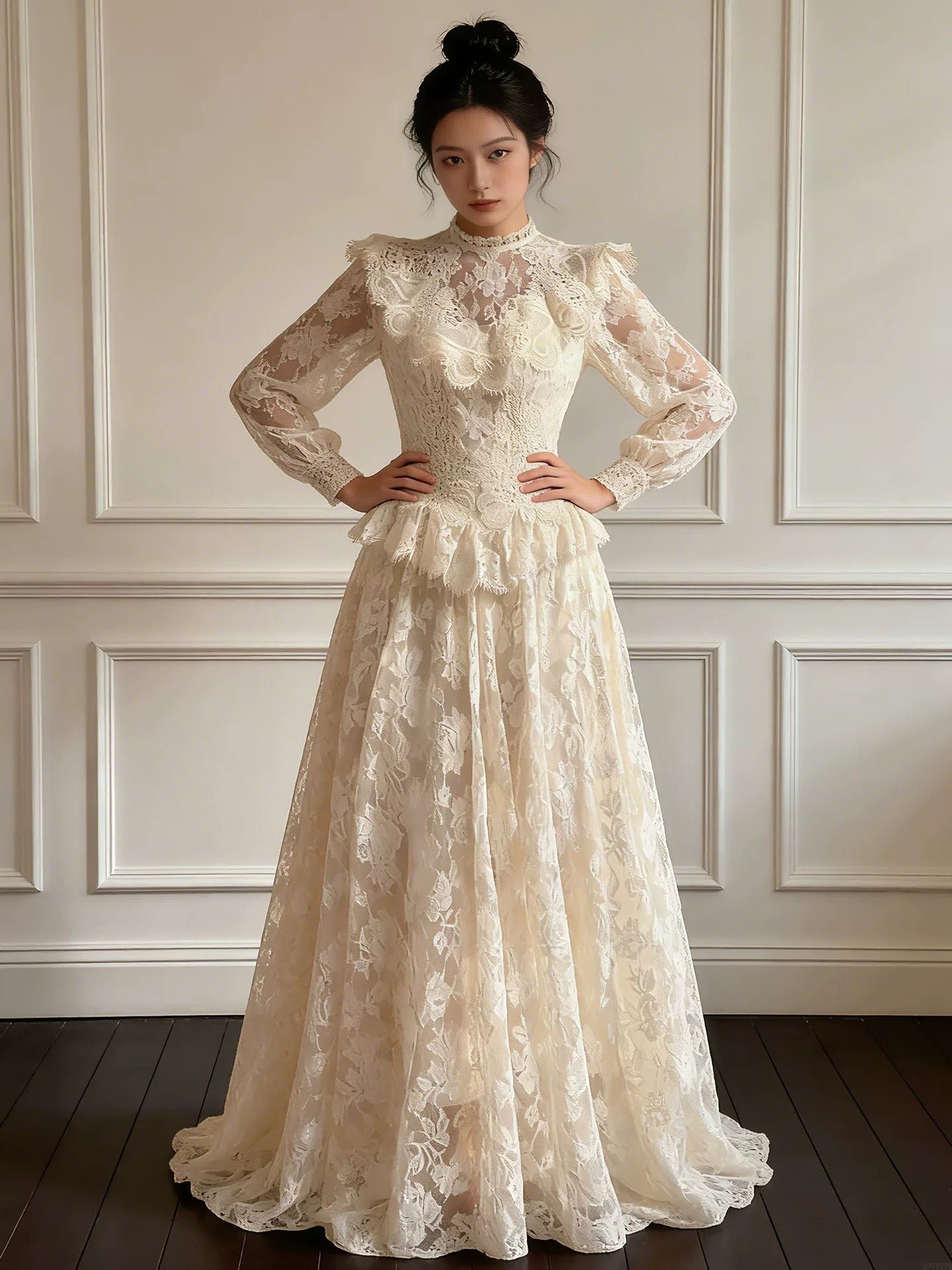 Timeless Wedding Dresses A line High Neck Long Sleeves Lace Summer Wedding Dress N4274
