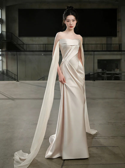 Simple Wedding Dresses Mermaid Strapless Satin Ivory Summer Garden Wedding Dress N4276