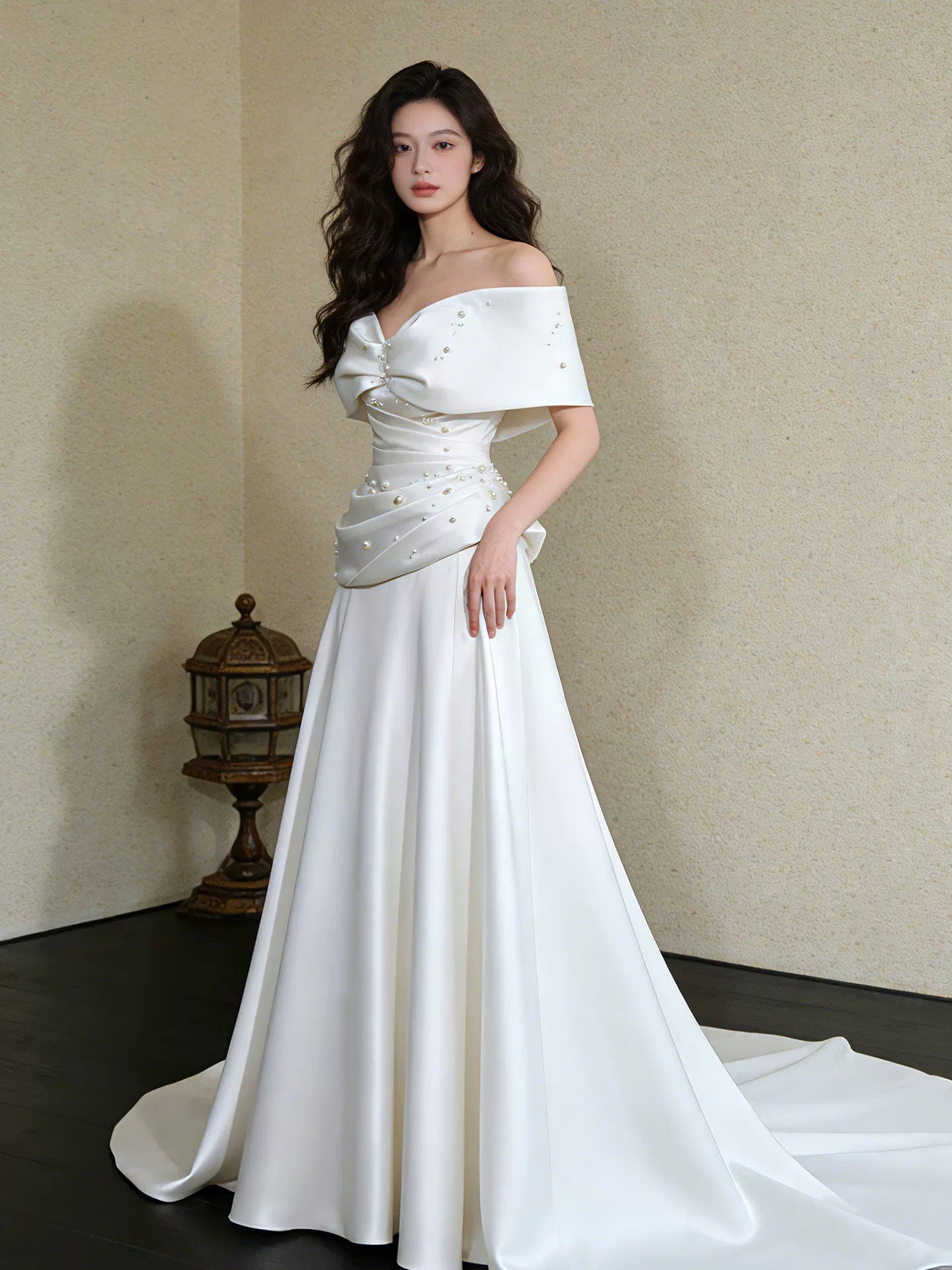 Simple Wedding Dresses A line Off The Shoulder White Satin Summer Garden Wedding Dress N4277