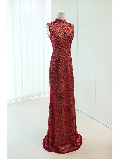Stunning Sheath High Neck Burgundy Lace Long Prom Dresses For Women N4278