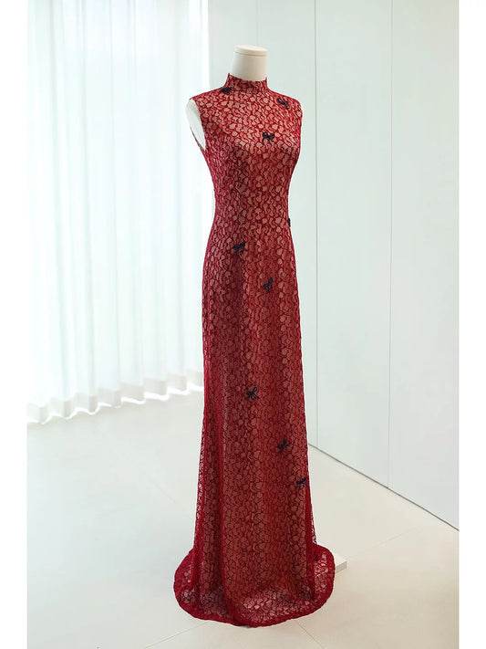 Stunning Sheath High Neck Burgundy Lace Long Prom Dresses For Women N4278