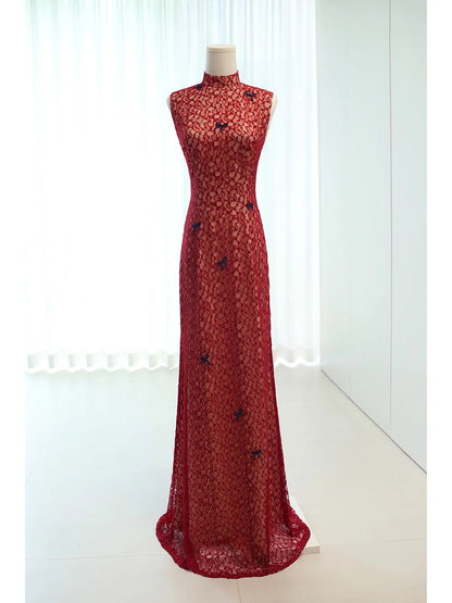 Stunning Sheath High Neck Burgundy Lace Long Prom Dresses For Women N4278
