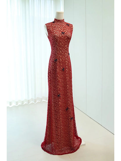 Stunning Sheath High Neck Burgundy Lace Long Prom Dresses For Women N4278