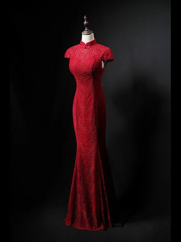 Stunning Mermaid High Neck Red Short Sleeves Lace Long Prom Dresses For Women N4279