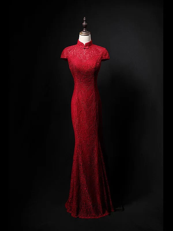 Stunning Mermaid High Neck Red Short Sleeves Lace Long Prom Dresses For Women N4279