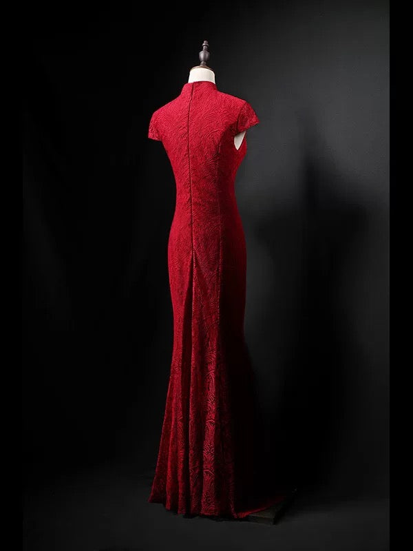 Stunning Mermaid High Neck Red Short Sleeves Lace Long Prom Dresses For Women N4279
