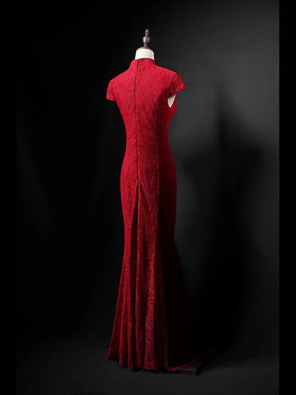 Stunning Mermaid High Neck Red Short Sleeves Lace Long Prom Dresses For Women N4279