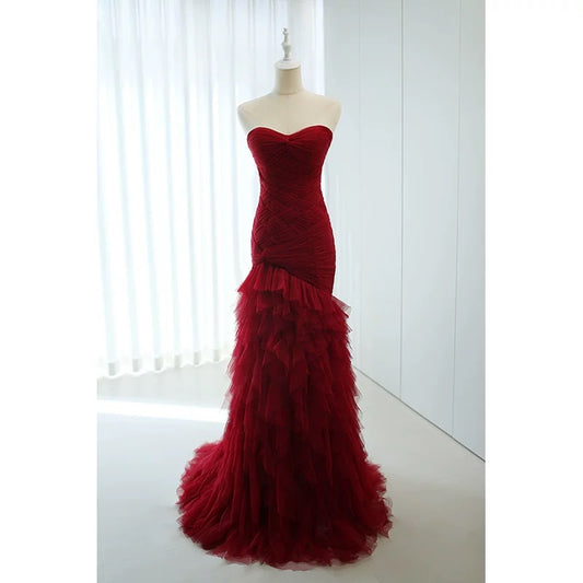 Cute Mermaid Sweetheart Burgundy Tulle 18th Birthday Elegant Outfit Formal Long Prom Dresses N4140