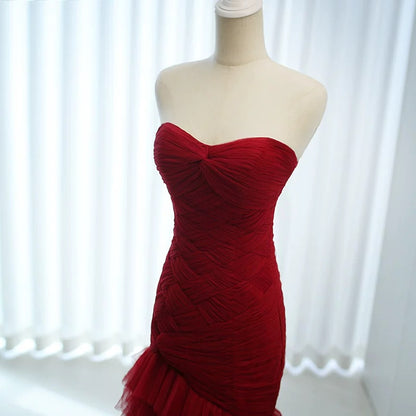 Cute Mermaid Sweetheart Burgundy Tulle 18th Birthday Elegant Outfit Formal Long Prom Dresses N4140