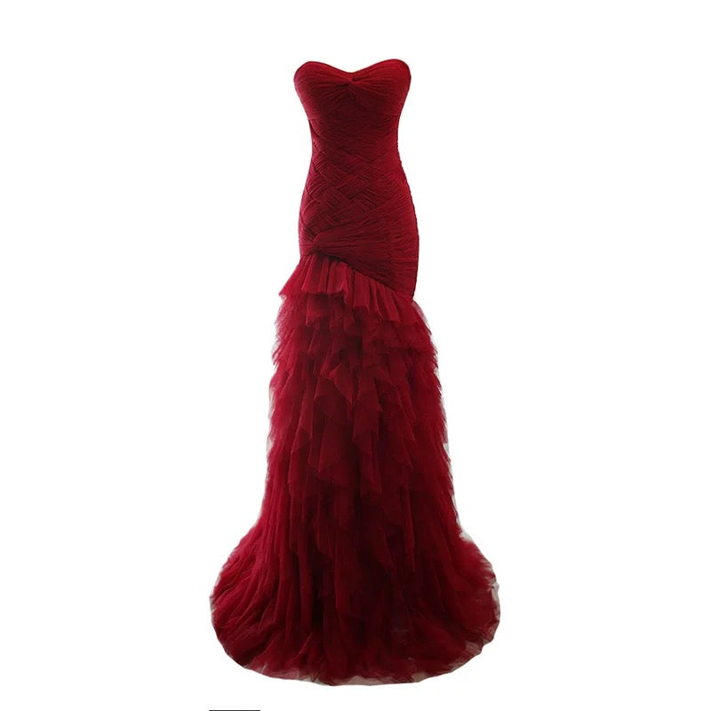 Cute Mermaid Sweetheart Burgundy Tulle 18th Birthday Elegant Outfit Formal Long Prom Dresses N4140