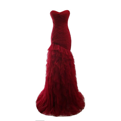 Cute Mermaid Sweetheart Burgundy Tulle 18th Birthday Elegant Outfit Formal Long Prom Dresses N4140