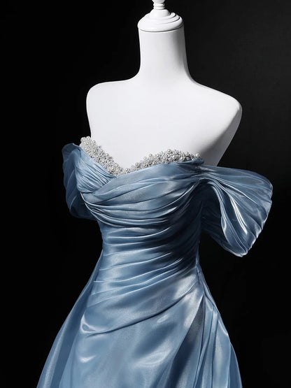 Modest Ball Gowns Off The Shoulder Blue Short Sleeves Birthday Elegant Outfit Formal Long Prom Dresses N4142