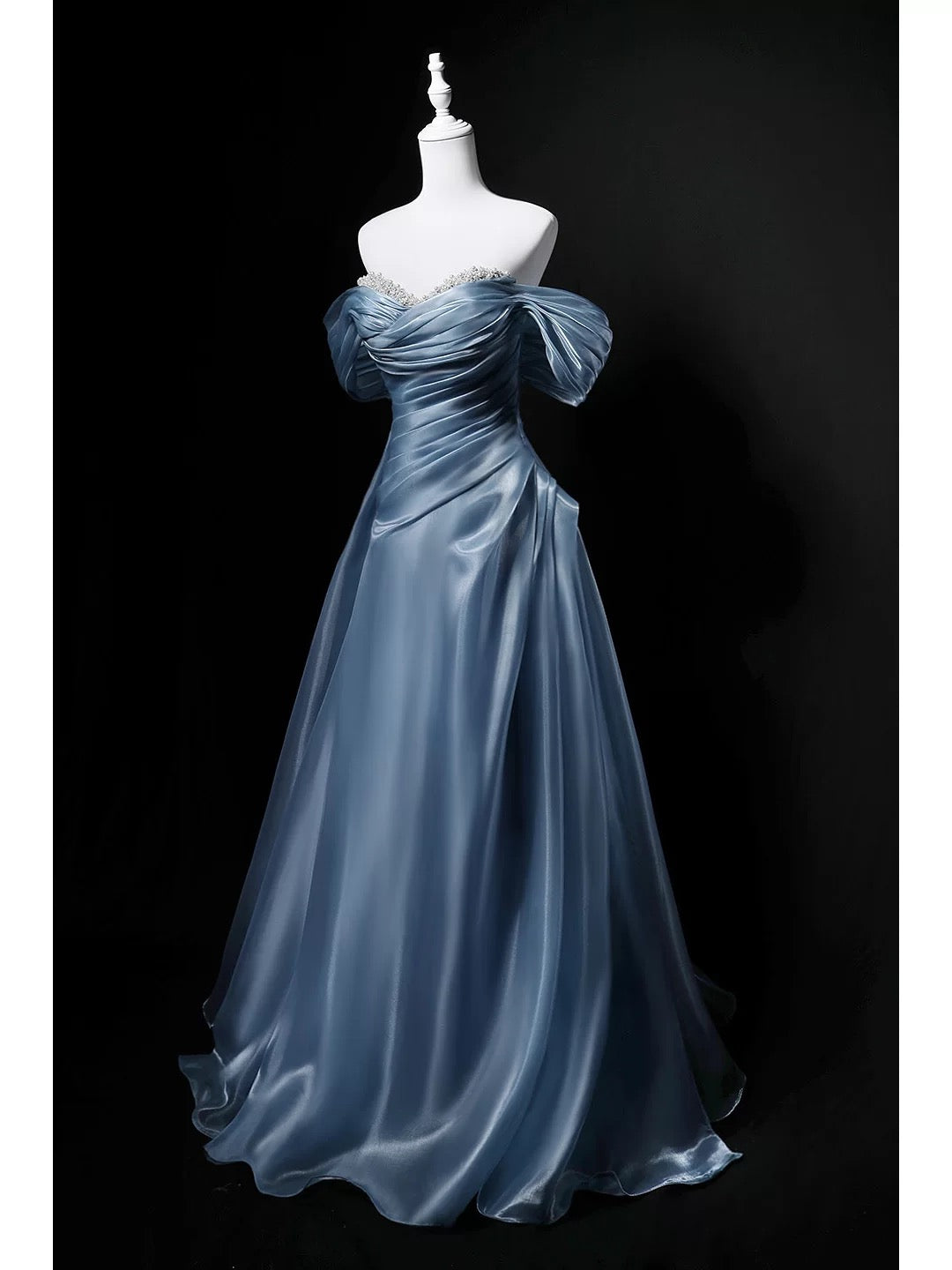 Modest Ball Gowns Off The Shoulder Blue Short Sleeves Birthday Elegant Outfit Formal Long Prom Dresses N4142