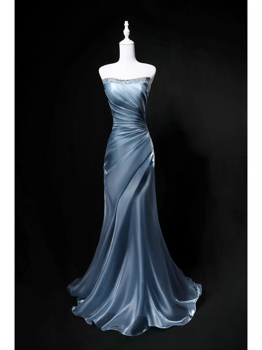 Modest Mermaid Strapless Blue Sleeveless Birthday Elegant Outfit Formal Long Prom Dresses N4143