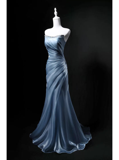 Modest Mermaid Strapless Blue Sleeveless Birthday Elegant Outfit Formal Long Prom Dresses N4143