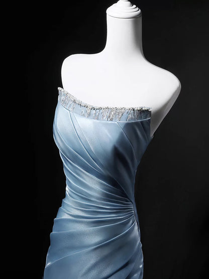 Modest Mermaid Strapless Blue Sleeveless Birthday Elegant Outfit Formal Long Prom Dresses N4143
