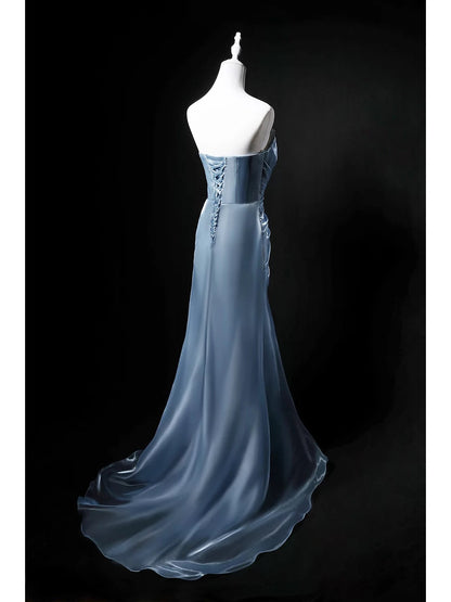Modest Mermaid Strapless Blue Sleeveless Birthday Elegant Outfit Formal Long Prom Dresses N4143