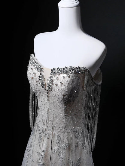 Sparkly Ball Gown Strapless Sequin Gray Birthday With Beaded Elegant Outfit Formal Prom Dresses N4145