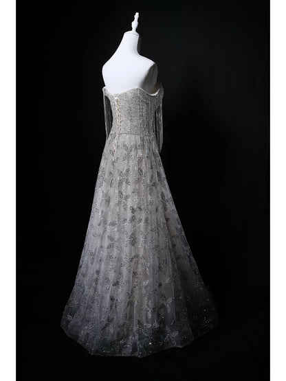 Sparkly Ball Gown Strapless Sequin Gray Birthday With Beaded Elegant Outfit Formal Prom Dresses N4145