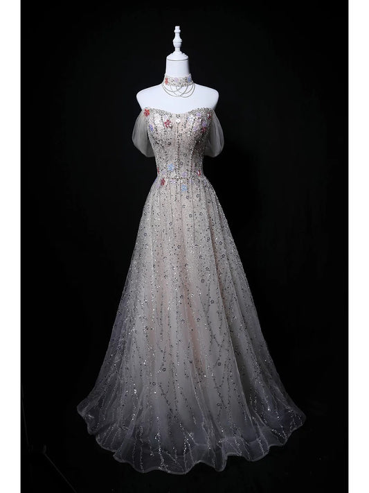Sparkly Ball Gown Off The Shoulder Sequin Gray Birthday With Beaded Elegant Outfit Formal Prom Dresses N4146