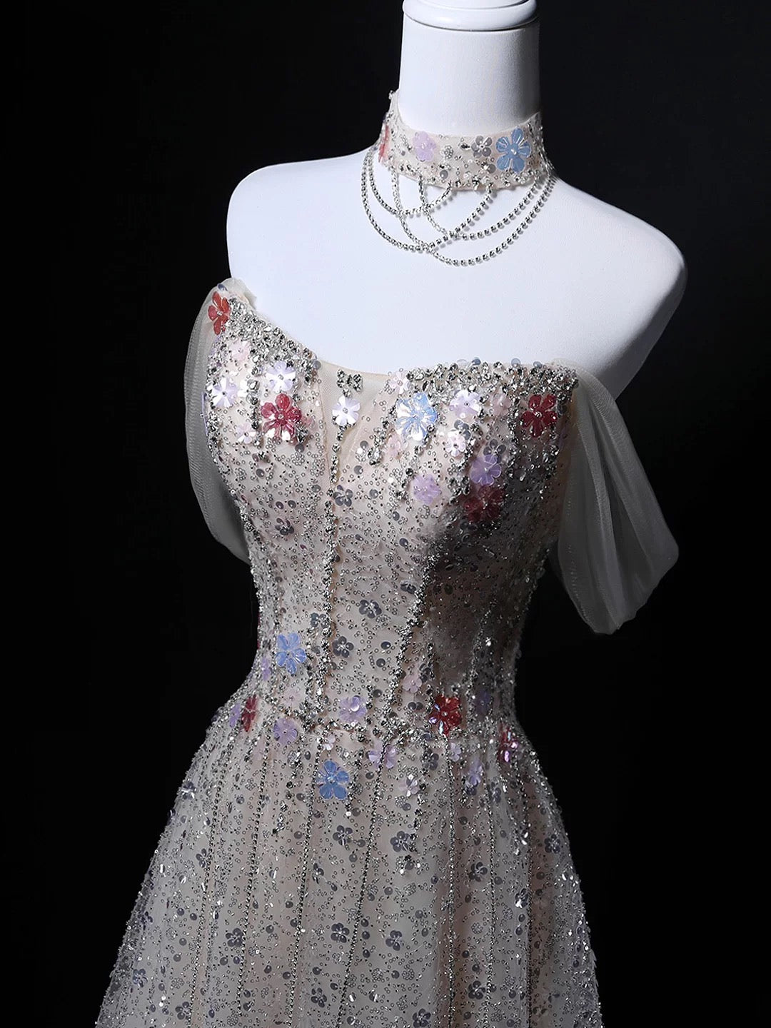 Sparkly Ball Gown Off The Shoulder Sequin Gray Birthday With Beaded Elegant Outfit Formal Prom Dresses N4146
