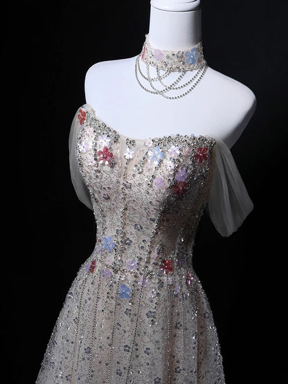 Sparkly Ball Gown Off The Shoulder Sequin Gray Birthday With Beaded Elegant Outfit Formal Prom Dresses N4146