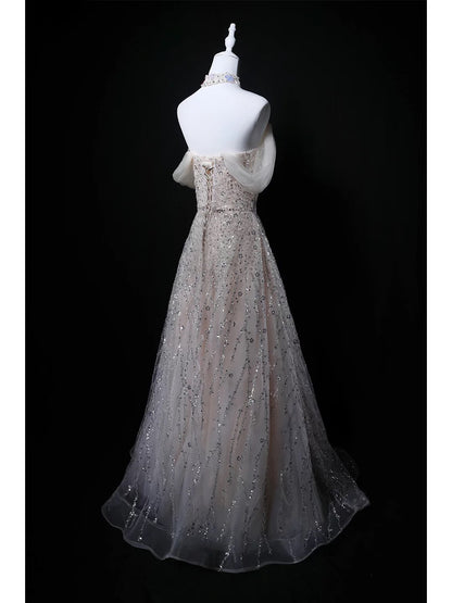 Sparkly Ball Gown Off The Shoulder Sequin Gray Birthday With Beaded Elegant Outfit Formal Prom Dresses N4146