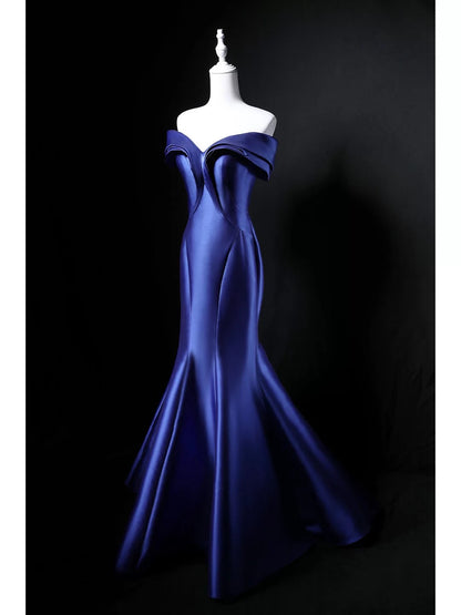 Modest Mermaid Off The Shoulder Royal Blue Satin 18th Birthday Elegant Outfit Formal Long Prom Dresses N4147