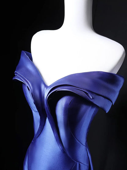 Modest Mermaid Off The Shoulder Royal Blue Satin 18th Birthday Elegant Outfit Formal Long Prom Dresses N4147