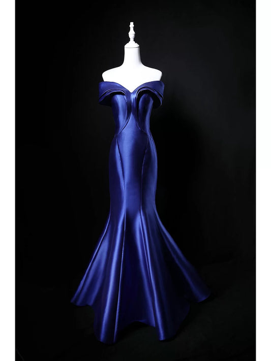 Modest Mermaid Off The Shoulder Royal Blue Satin 18th Birthday Elegant Outfit Formal Long Prom Dresses N4147