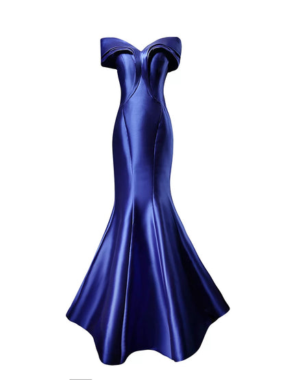 Modest Mermaid Off The Shoulder Royal Blue Satin 18th Birthday Elegant Outfit Formal Long Prom Dresses N4147
