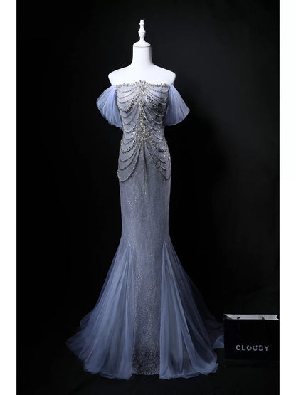 Sparkly Mermaid Off The Shoulder Sequin Blue Birthday With Beaded Elegant Outfit Formal Prom Dresses N4148