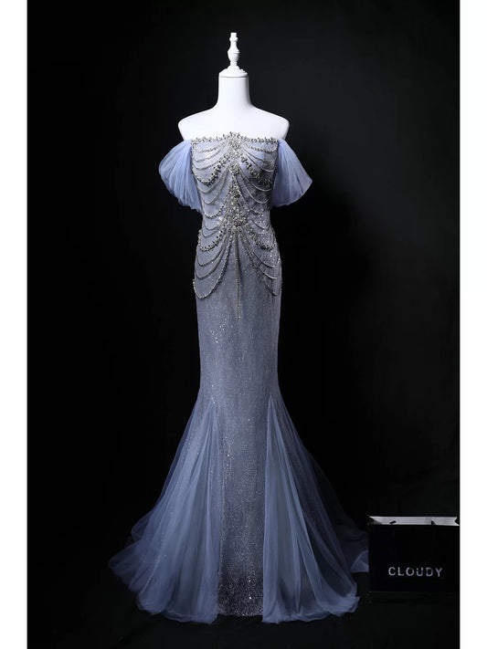 Sparkly Mermaid Off The Shoulder Sequin Blue Birthday With Beaded Elegant Outfit Formal Prom Dresses N4148