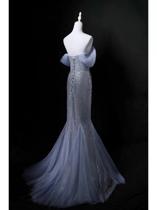 Sparkly Mermaid Off The Shoulder Sequin Blue Birthday With Beaded Elegant Outfit Formal Prom Dresses N4148