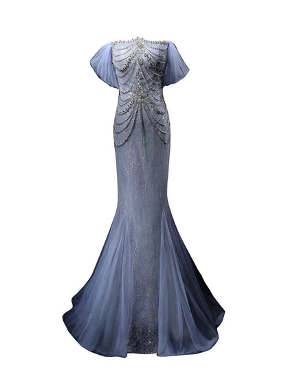 Sparkly Mermaid Off The Shoulder Sequin Blue Birthday With Beaded Elegant Outfit Formal Prom Dresses N4148