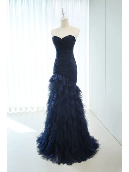 Elegant Mermaid Sweetheart Navy Blue Tulle 18th Birthday Elegant Outfit Formal Long Prom Dresses N4149