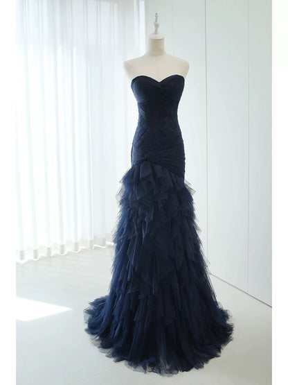 Elegant Mermaid Sweetheart Navy Blue Tulle 18th Birthday Elegant Outfit Formal Long Prom Dresses N4149