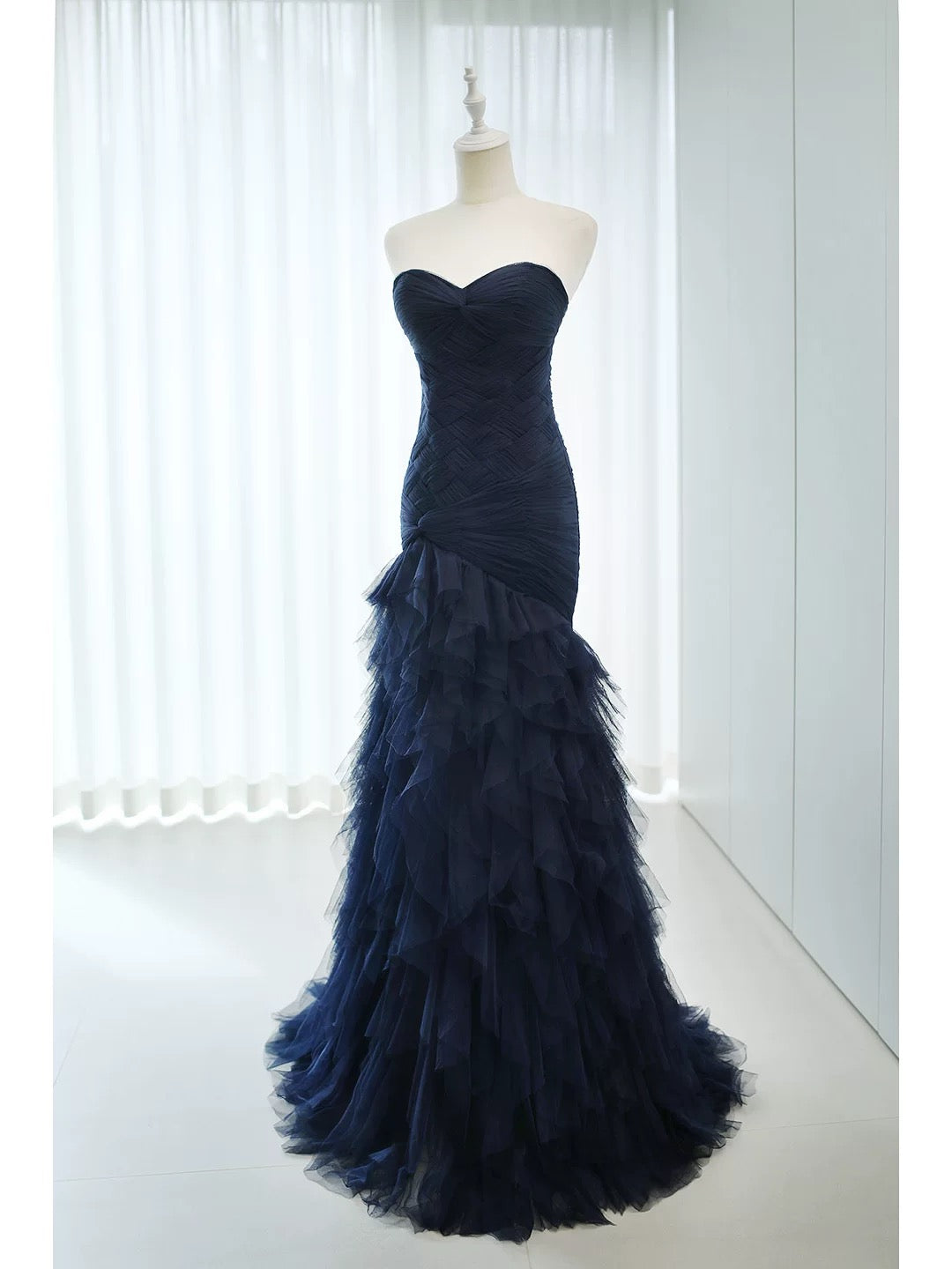 Elegant Mermaid Sweetheart Navy Blue Tulle 18th Birthday Elegant Outfit Formal Long Prom Dresses N4149