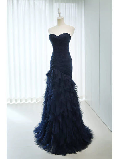 Elegant Mermaid Sweetheart Navy Blue Tulle 18th Birthday Elegant Outfit Formal Long Prom Dresses N4149