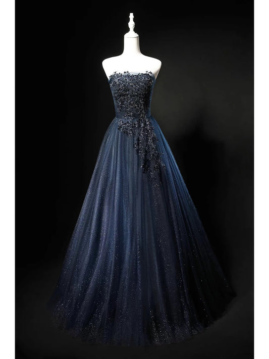 Modest Ball Gown Strapless Navy Blue Tulle 18th Birthday Elegant Outfit Formal Long Prom Dresses N4152