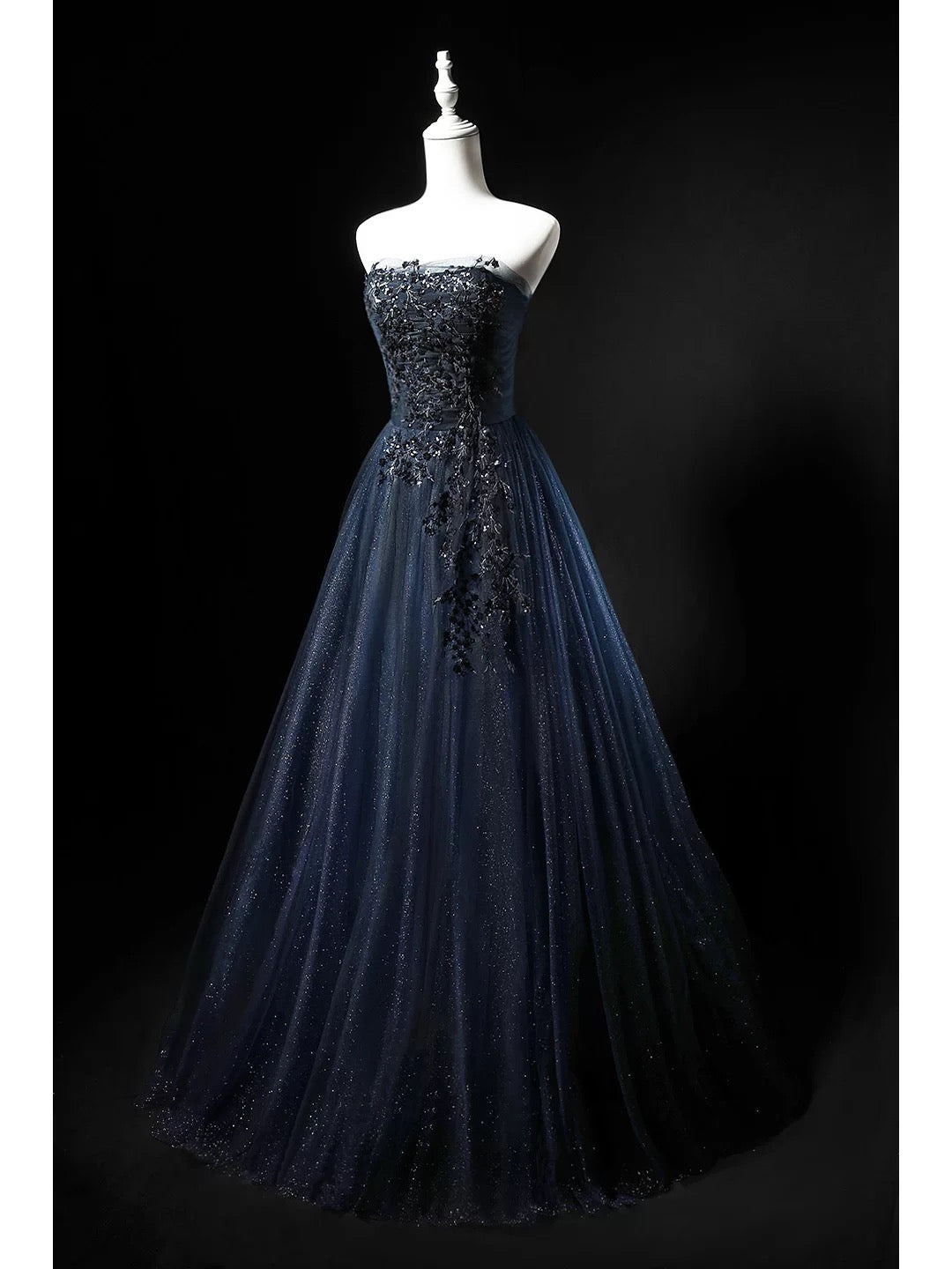 Modest Ball Gown Strapless Navy Blue Tulle 18th Birthday Elegant Outfit Formal Long Prom Dresses N4152