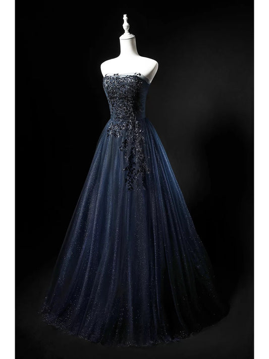 Modest Ball Gown Strapless Navy Blue Tulle 18th Birthday Elegant Outfit Formal Long Prom Dresses N4152