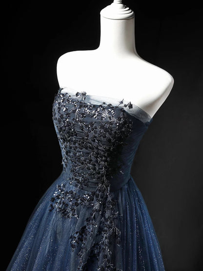 Modest Ball Gown Strapless Navy Blue Tulle 18th Birthday Elegant Outfit Formal Long Prom Dresses N4152